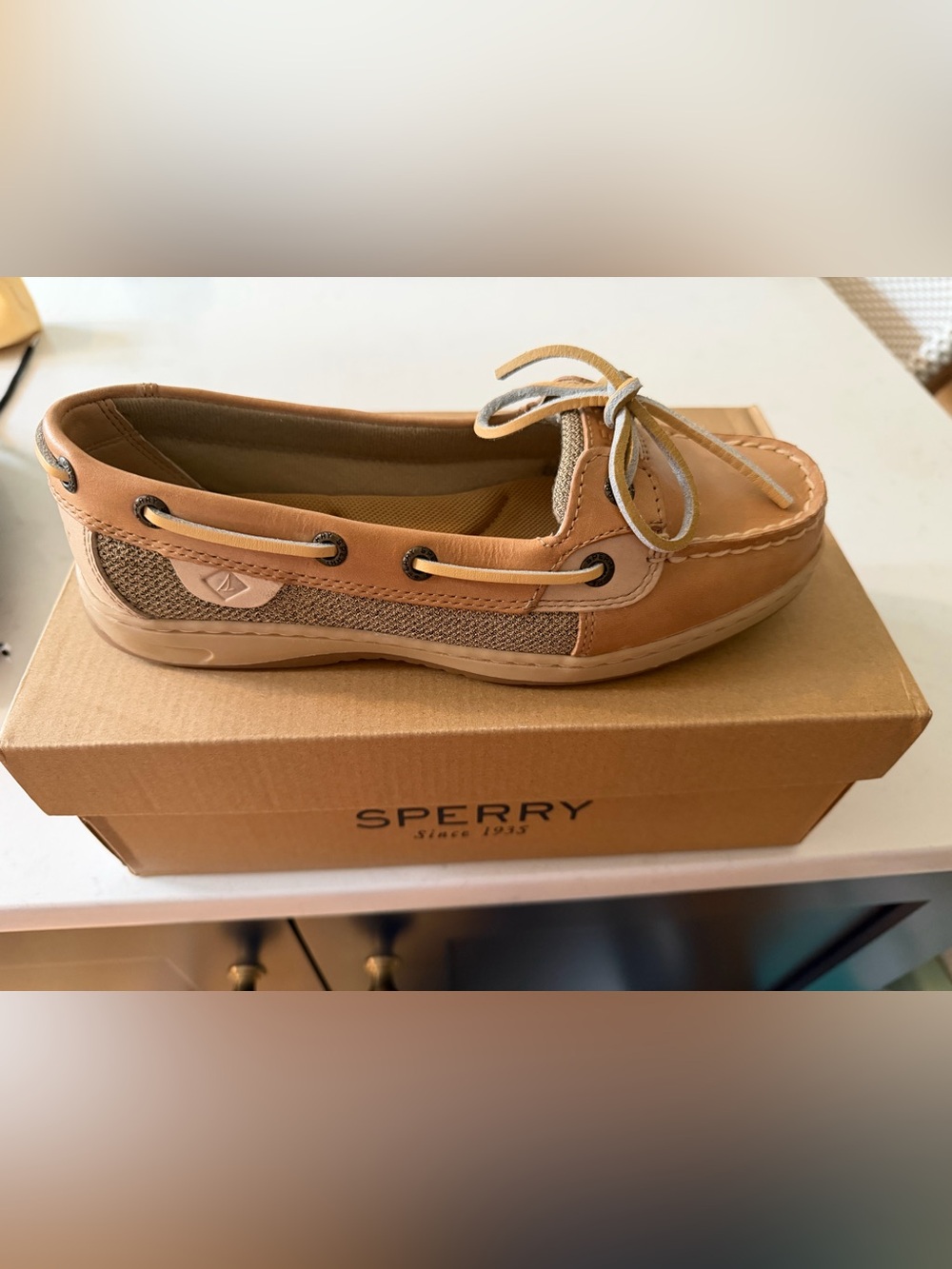 Sperry Women’s Light Brown Leather & Woven Moccasin Boat Shoe